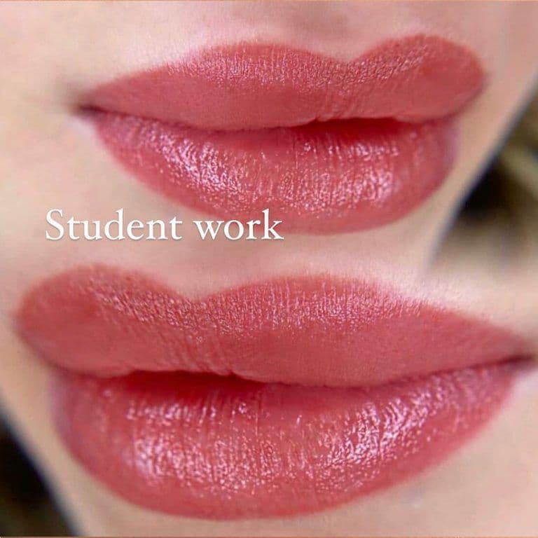 Student work: two views of a warm red lip blush