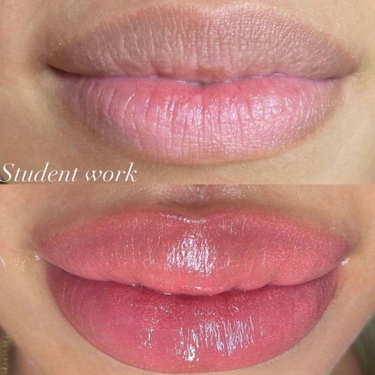Student work: lips before and after a soft pink lip blush
